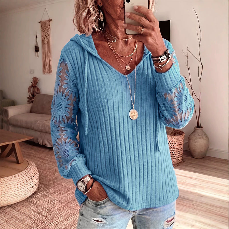 Elegantný čipkový pletený mikina s kapucňou