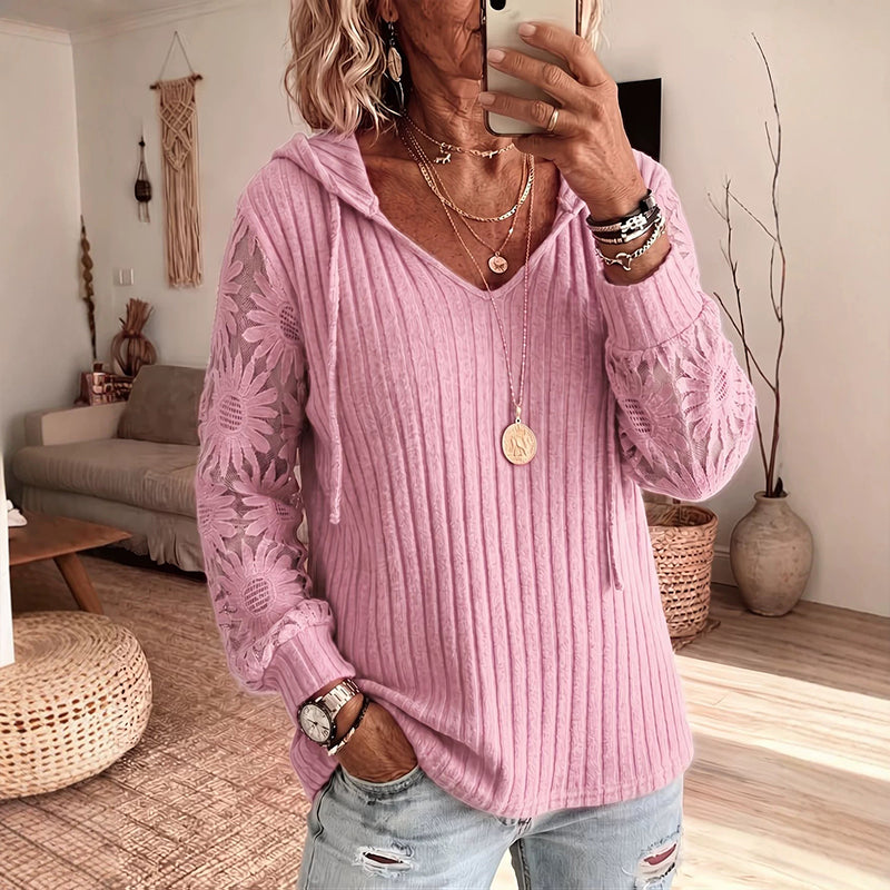 Elegantný čipkový pletený mikina s kapucňou