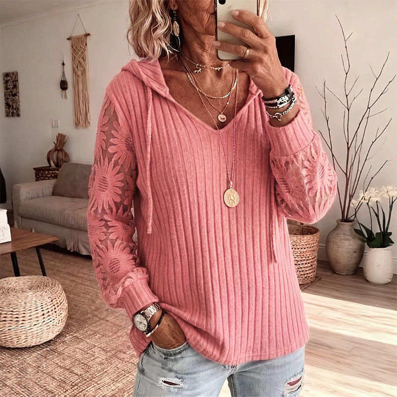 Elegantný čipkový pletený mikina s kapucňou