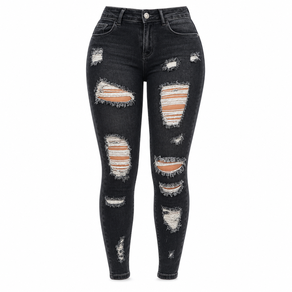 Dámske džínsy s vysokým pásom, roztrhané, skinny, distressed, strečové denimové nohavice