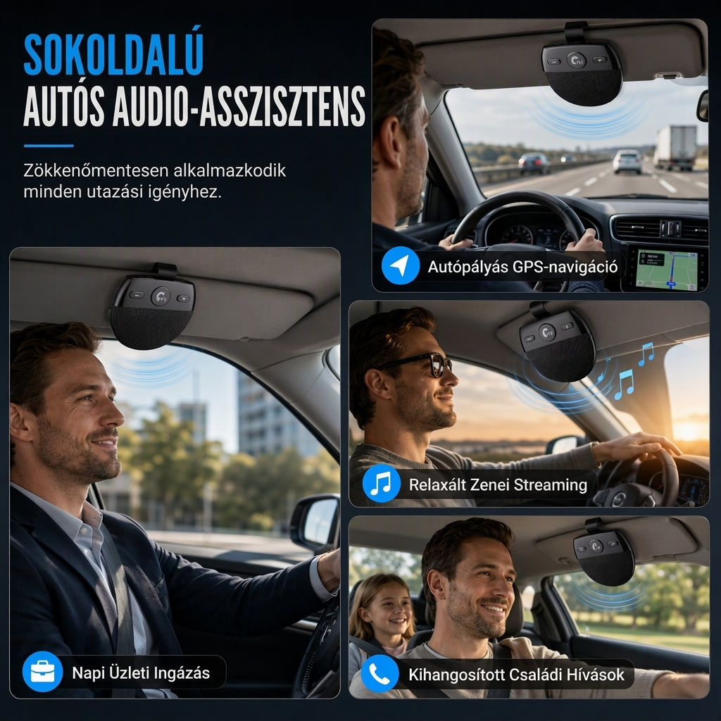 🚗 SP11 – Bluetooth handsfree zariadenie do auta s integrovaným slnečným štítom, s funkciou automatického zapnutia pri detekcii vibrácií, podporuje A2DP a hlasové upozornenie na prichádzajúce hovory